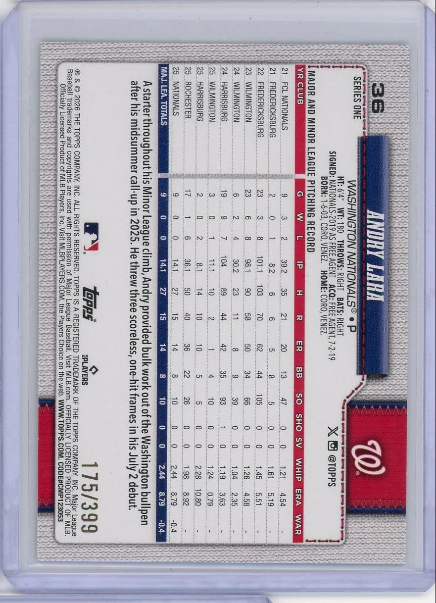 Andry Lara 2026 Topps yellow foil rookie card #'d 175/399