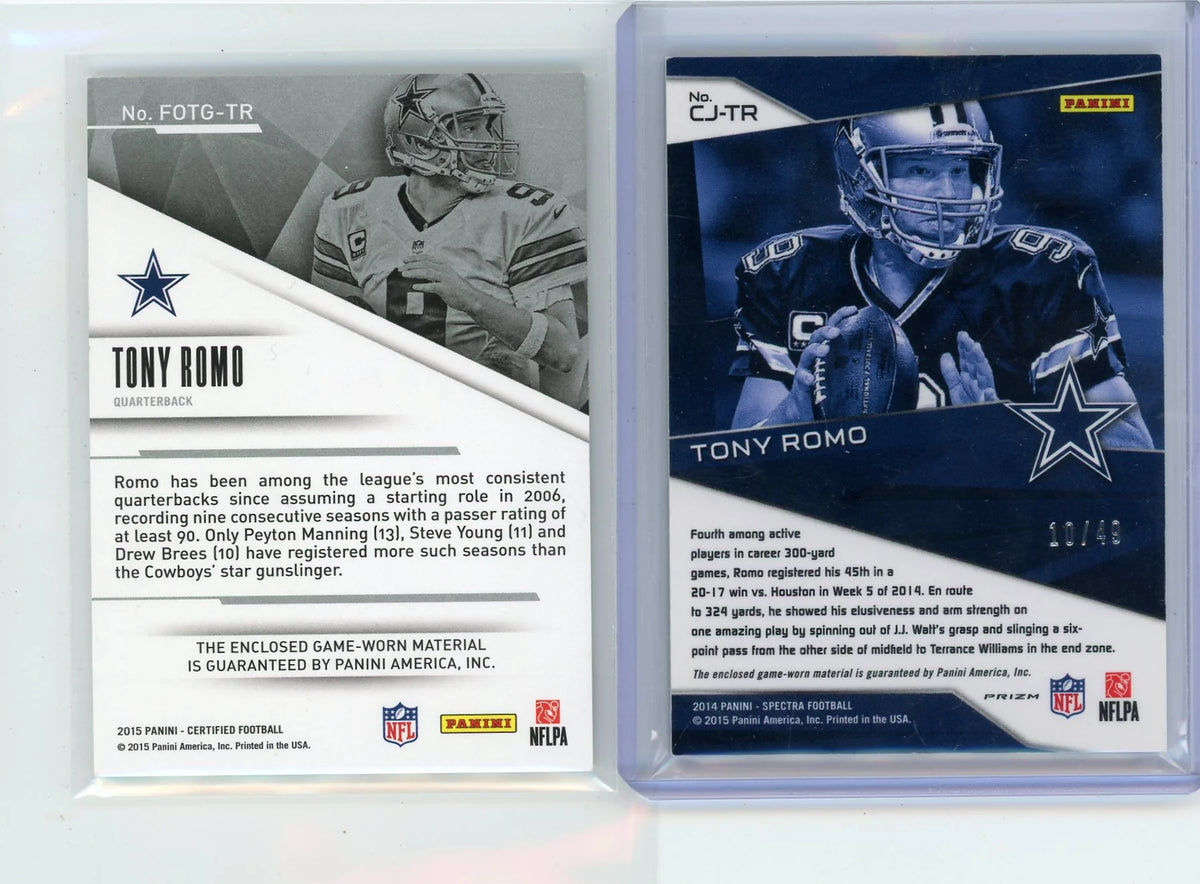 Tony Romo 2014 Spectra relic /49 + 2015 Certified relic /99 2-card lot