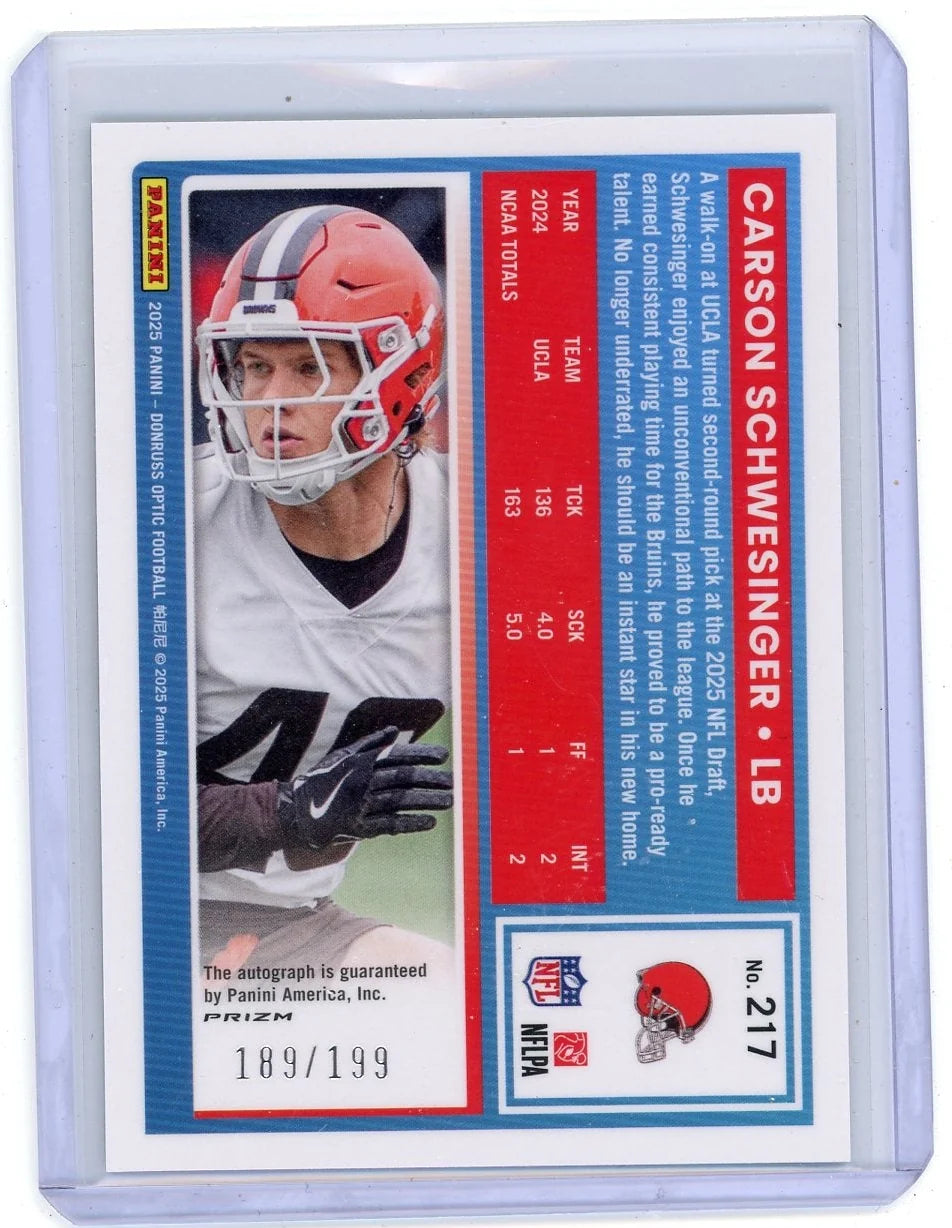 Carson Schwesinger 2025 Panini Donruss Optic Rated Rookie Holo Auto #'d 189/199