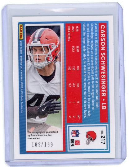 Carson Schwesinger 2025 Panini Donruss Optic Rated Rookie Holo Auto #'d 189/199