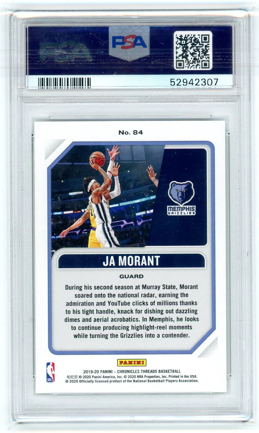 Ja Morant 2019 Panini Chronicles #84 Rookie Card PSA 10