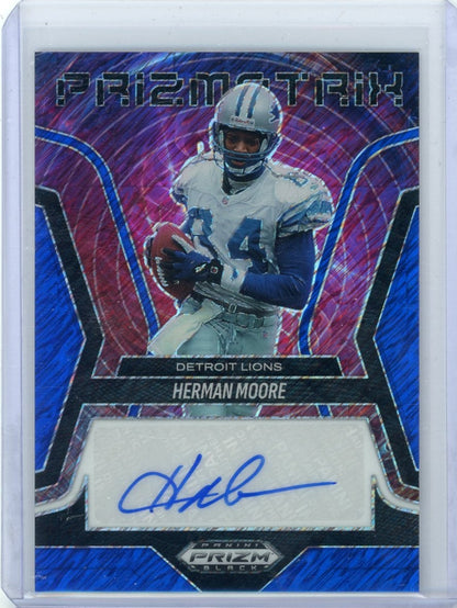 Herman Moore 2025 Panini Prizm Black Prizmatrix Autograph Blue Shimmer FOTL #'d 06/15