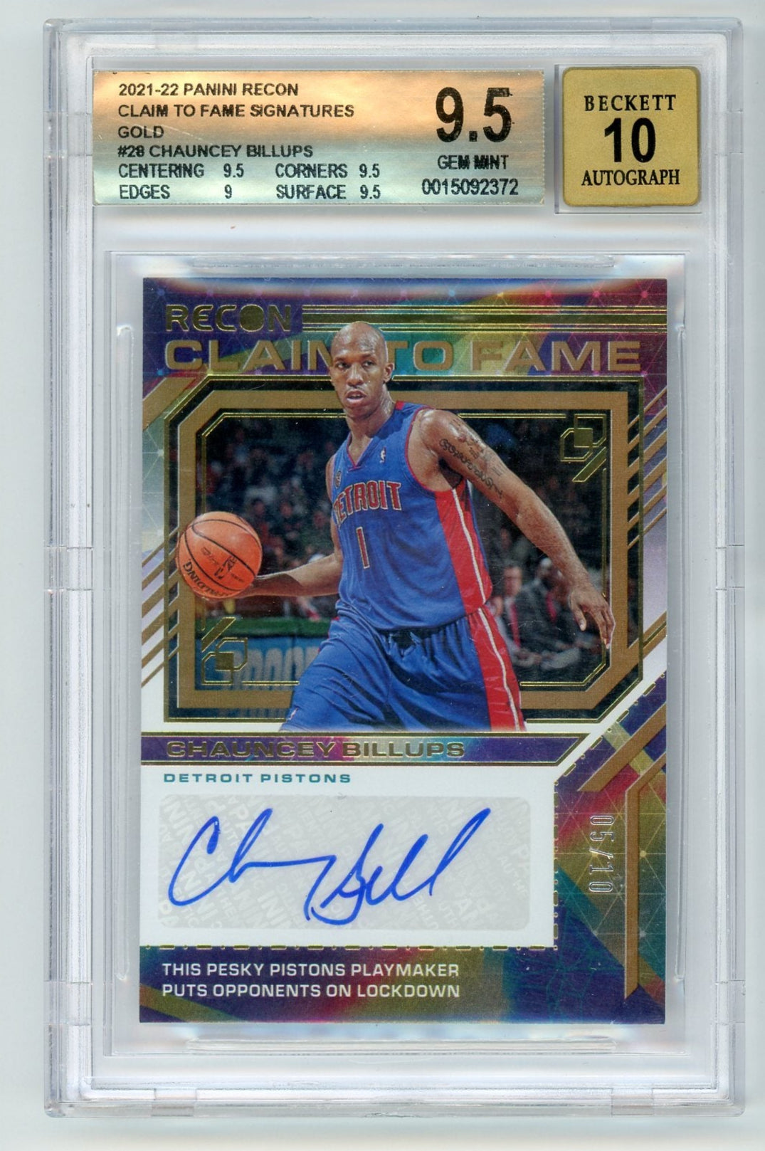 Chauncey Billups 2021-22 Panini Recon Claim to Fame auto gold #'d 05/10 BGS 9.5 AUTO 10