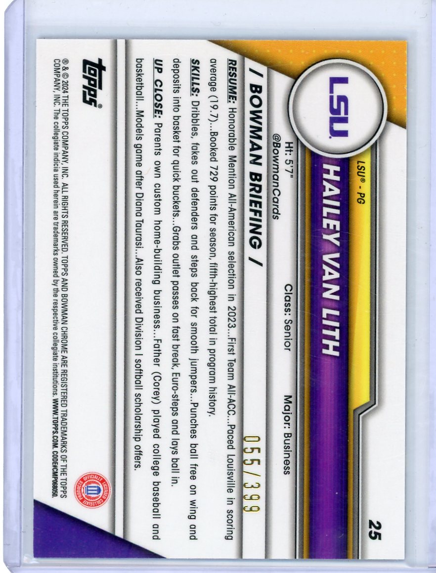 Hailey Van Lith 2024 1st Bowman Chrome University purple ref. #'d 055/399