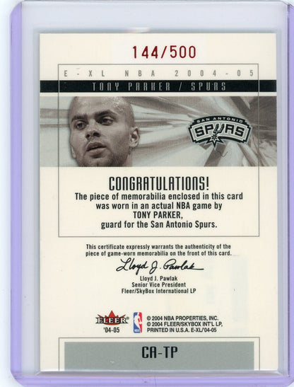 Tony Parker 2004-05 Fleer E-XL Court Authentics jersey relic #'d 144/500