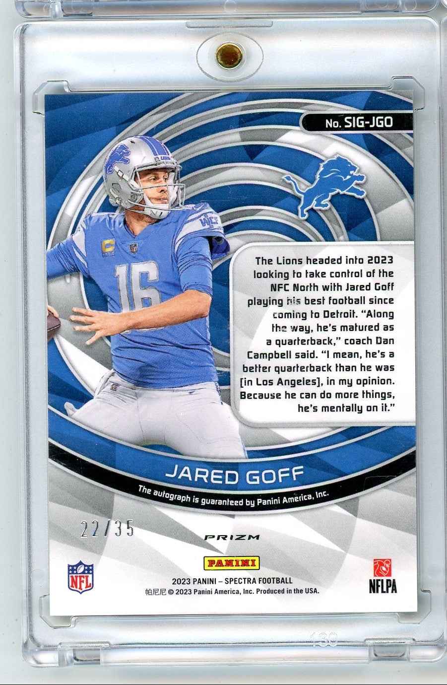 Jared Goff 2023 Panini Spectra autograph neon green prizm #'d 22/35