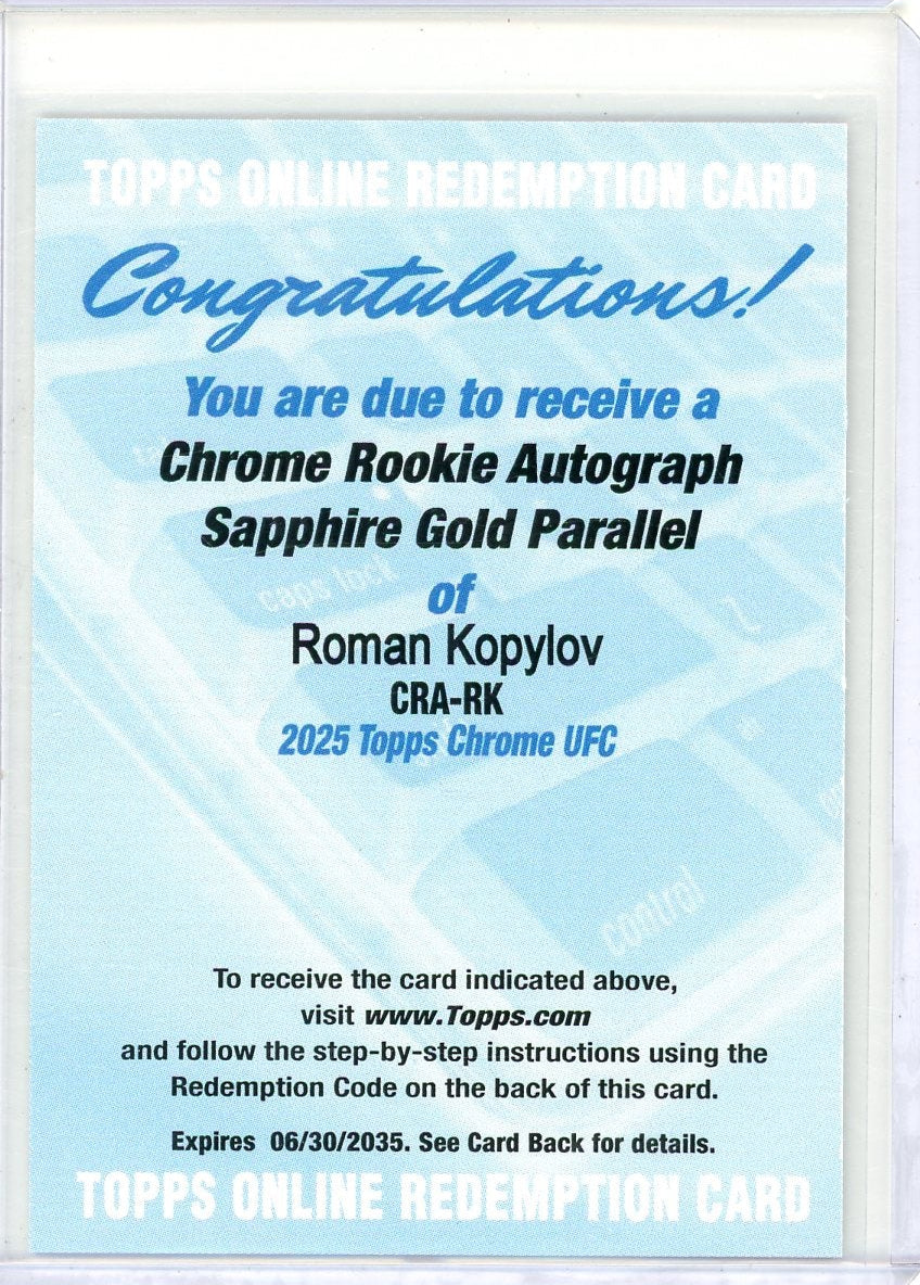 Roman Kopylov 2025 Topps Chrome Sapphire autograph gold ref. rookie card redemption card
