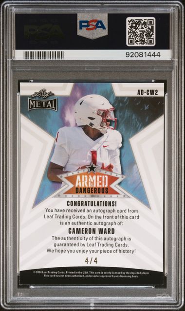 Cameron Ward 2024 Leaf Metal Armed & Dangerous Auto Blue Pulsar #'d 4/4 PSA 10